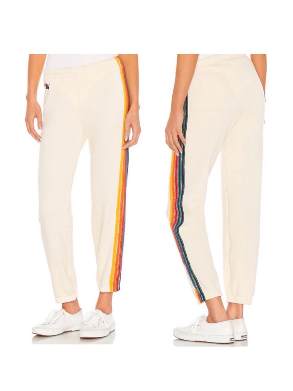 Aviator Nation 5 Stripe Sweatpants Vintage White Rainbow Stripe Size S